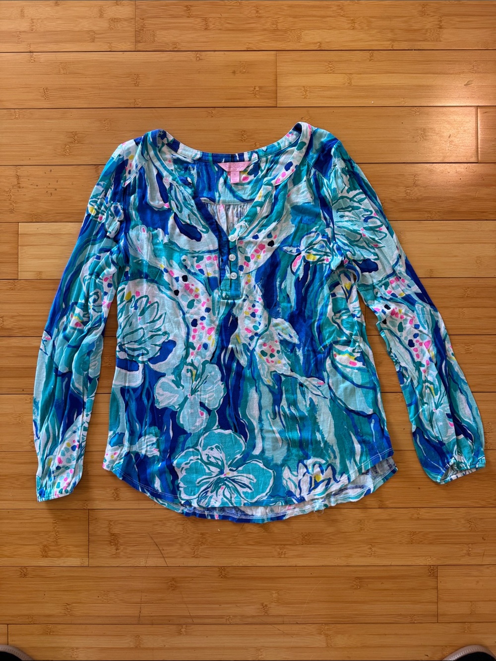 Lilly Pulitzer Blue & Teal Floral Henley Long Sleeve Top